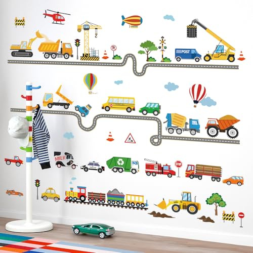 decalmile Pegatinas de Pared Transportes Construcción Vehículo Vinilos Decorativos Coches Camión Carretera Adhesivos Pared Infantiles Habitación Dormitorio