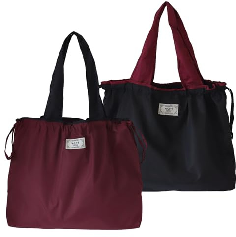 Valicaer Foldable Reusable Shopping Bags, 2Pcs Large Waterproof Tote Bags Drawstring Shopper Washable Nylon Grocery Bags for Daily Use