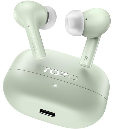 TOZO E2 Auriculares Inalámbricos Bluetooth 5.3 con ORIGX Acústico ENC Llamada Ultraligero EQs Ajuste Gaming Modo 30H Reproducción USB Tipo C, Verde