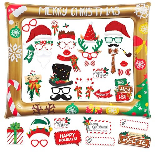 Yuning Weihnachten Aufblasbare Fotorahmen mit 38 Stück Foto Requisiten, Weihnachtsdeko Photo Booth Props, Requisiten Weihnachtsfeier Fotobox Accessoires Fotorequisiten für Weihnachten Partyzubehör