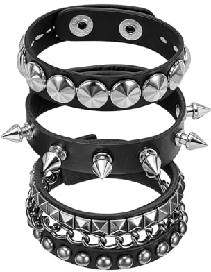 GAUEIOUR Punk Rock Leather Bracelets Multilayer Black Spike Studded Bracelet Gothic Hip-Hop Adjustable Wrap Wrist Cuffs for Woman Men Halloween Jewelry