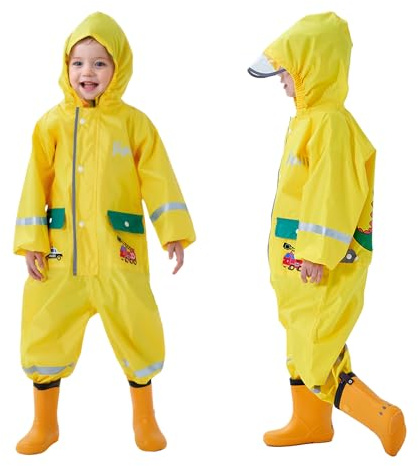 Vckrio Bambini Tuta da Pioggia Impermeabile Ragazzi Giallo Dinosauro Modello Giacca Antipioggia con Strisce Riflettenti Portatile Tutina Pioggia Impermeabile Un Pezzo con Cappello per Bambino 1-2 Anni