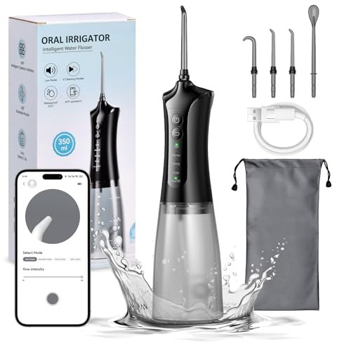 Munddusche Kabellos,OGVDOE Elektrischer Zahnreiniger 4 Modi & 4 Düsen,Stärke der APP-Steuerung 350ML Water Flosser Tank Munddusche IPX7 Wasserdicht Munddusche Testsieger (Schwarz)