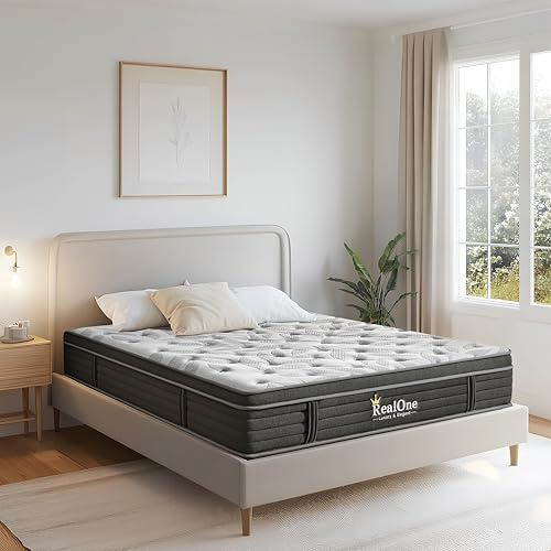REALONE Queen Size Mattress,10 Inch Hybrid Mattress in a Box with Memory Foam and Pocket Springs,Medium Firm for Pressure Relief,Edge Support,Gray Black