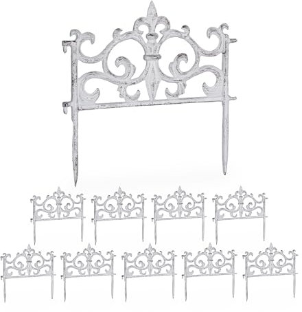 Relaxdays Bordo per Aiuole, Set 10 Recinzioni in Ghisa per Prato in Giardino, HxL: 27x27 cm, Bordure Vintage, Bianco