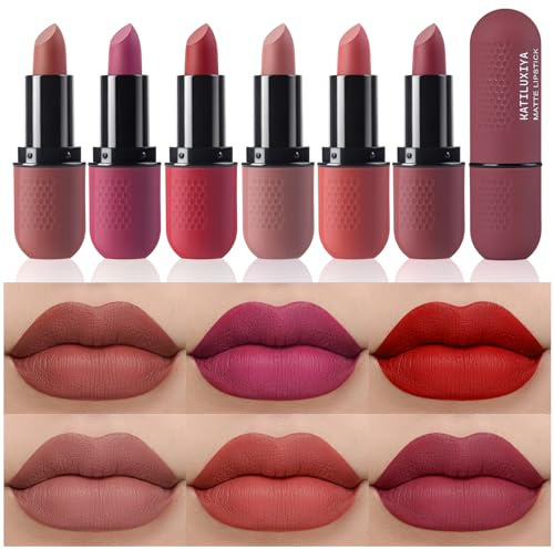 Katiluxiya 6Pcs Red Velvet Matte Lipstick Set, High Pigmented Long-Lasting Waterproof Lip Stick Lip,Moisturizing balms, Sheer tint, Shine & Glowy Finish,Stain Makeup Gift Sets. (02, Color)