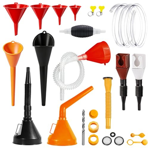 Seconero 19 Pièces Entonnoir Carburant, Kit de Remplacement de Bec Verseur | Entonnoir Huile Moteur, Entonnoir Essence avec Filtre et Flexible, Plastique Entonnoirs à Longue, pour Voiture, Atelier
