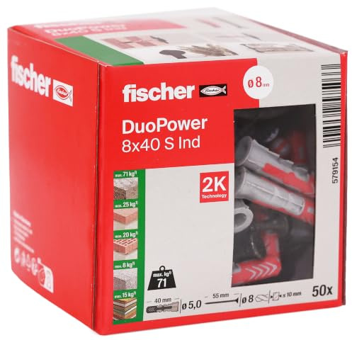 Fischer DuoPower 8 x 40 S with Black Galvanised Screws in Industrial Design, Universal Dowels, 2K Dowels for Concrete, Solid Stone, Perforated Stone and Plasterboard, 50 Dowels + 50 Screws