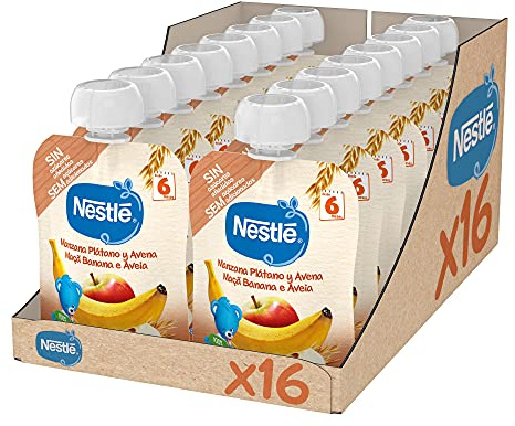 Nestlé Papillas Bolsita de puré de frutas y cereales, variedad Manzana Plátano y Avena - Para bebés a partir de 6 meses - Paquete de 16 bolsitasx90g