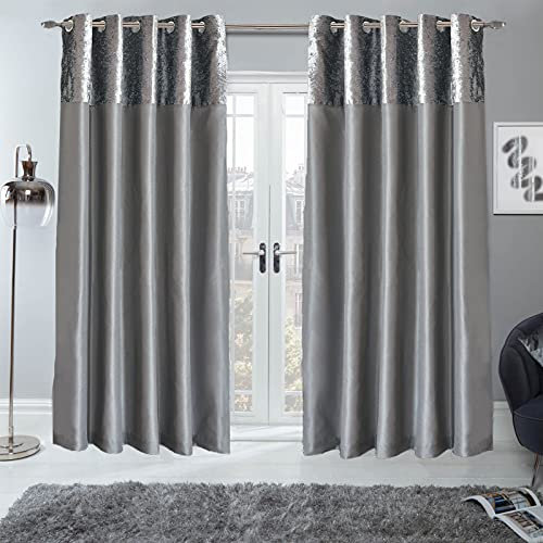 Sienna PAIR of Crushed Velvet Band Curtains Fully Lined Eyelet Ring Top Faux Silk Window Treatment Panels - Silver Grey, Width 46 x Drop 72