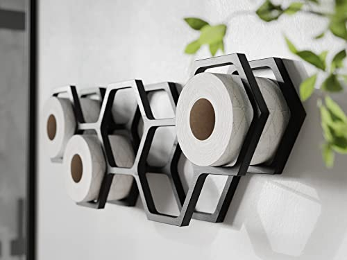 Toilet roll Holder Bathroom Shelf Bathroom Decor Toilet Paper Shelf Wooden Holder for Toilet Paper Honeycomb (Black)