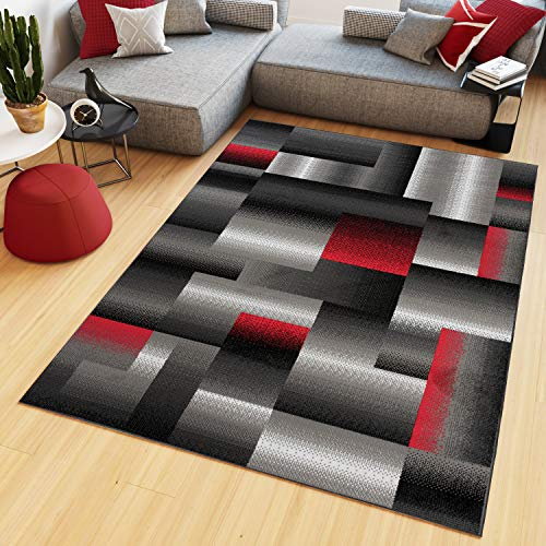 TAPISO Maya Teppich Kurzflor Modern Vierecke Streifen Design Schwarz Grau Rot Weiß Meliert Verwischt Wohnzimmer Schlafzimmer ÖKOTEX 140 x 200 cm