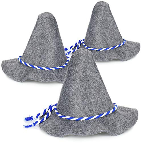 com-four® 3x Seppelhut, sombrero de fieltro tradicional para Oktoberfest, Carnaval o Mardi Gras, sombrero tradicional grande de fieltro con cordón azul/blanco