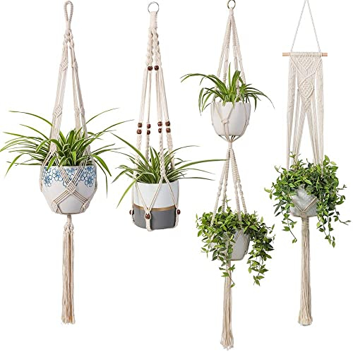 4 Pack Macrame Plant Hanger Indoor with Hanging Planter Hooks, Sturdy Plant Pots Holder for Plants, Flower Pot Hangers, Hand-made Decorative Wall / Ceiling / Patio, Ezylivin