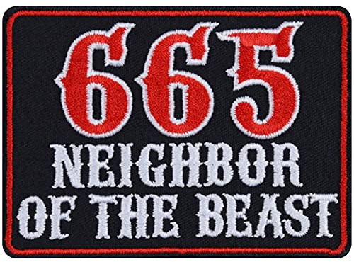 666 tygmärke tung metall 665 – Neighbor of the beast stryka/patch för att sy/stryka på | Rocker strykbilder kåpa applikation för alla tyger | 90 x 65 mm