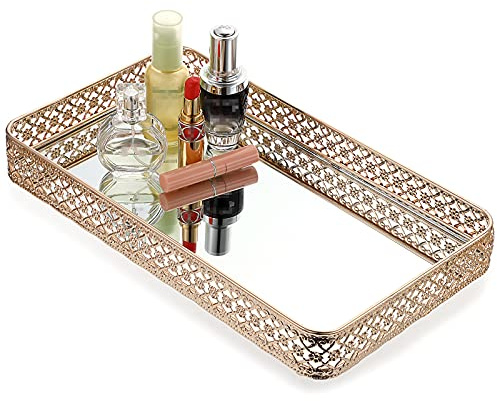 ELLDOO Bandeja de Perfume Dorada con Espejo, Bandeja de Maquillaje, Bandeja de tocador Hueca, Bandeja de joyería Tallada de Vidrio, Bandeja de Almacenamiento de baratijas, Organizador del hogar,