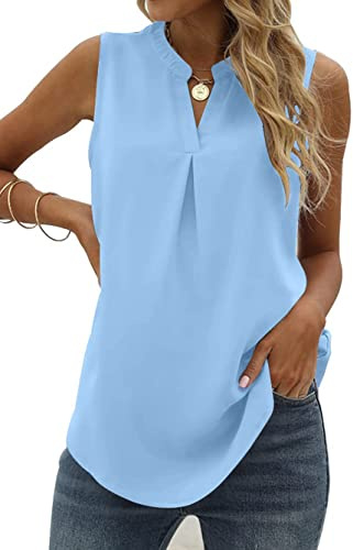 Famulily Women's V Neck Chiffon Tank Tops Pleated Sheer Vest Tops Summer Sleeveless Loose Casual Shirts