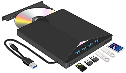 Arozxin Reproductor y Grabadora de DVD/CD Externo USB 3.0 y Tipo-C con Lector de Tarjetas SD/TF y USB, CD-ROM CD-RW VCD para Windows 7/8/10/ Vista/XP/Mac OS, Laptop, Desktops