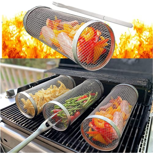 Topaliving Cylindrisk Grillkorg, Rostfritt Stål med Grillgaffel, BBQ Grillrulle, Grillställ för Grillning av Grönsaker, Fisk och Kött - Cylinder (1 st, L 30 cm)