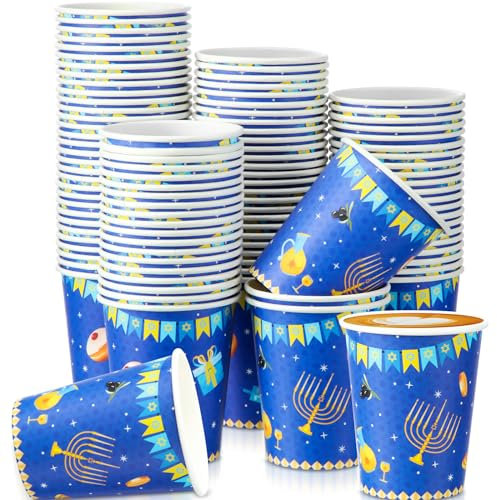 Layhit 100 Stück Chanukka-Pappbecher, 266 ml, Chanukka-Papierwaren, blaue und weiße Chanukkah-Themen-Becher, Chanukkah-Einweg-Trinkbecher für Kaffee, Getränke, Partyzubehör
