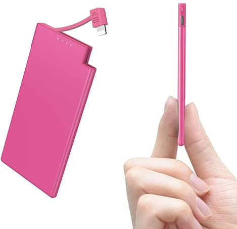 Auskang Powerbank 5000mAh Delgada 6.8mm, Cable iPhone Integrado para iPhone 14 y anteriores, No para USB-C,bateria portatil para Viajes, bateria Externa- Rosa