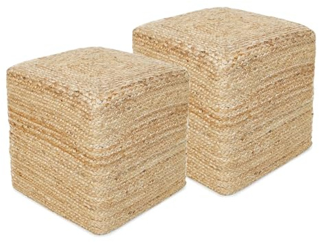 REDEARTH · Cube Pouf Foot Stool Ottoman - Jute Braided Pouffe Poof Accent Sitting - Set of 2 Footrest for The Living Room, Bedroom, Nursery, Patio, Lounge, Office - 14.5”X14.5”X16” - Natural