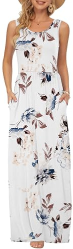 Auselily Ärmlös sommarklänning, lös maxiklänning, avslappnad, lång klänning med fickor, Vita blommor, S