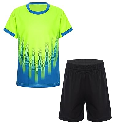Yeahdor Barn pojkar sportkläder set kortärmad sportskjorta med korta byxor fotboll kläduppsättning sportdräkt basket löpning tennis, Ea lysande grön A, 158/164 cm