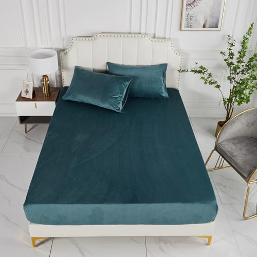 Luowei Lenzuolo con angoli elasticizzati, invernale, 200 x 200 cm, in cashmere touch, morbido peluche petrolio, blu, flanella, lenzuolo con angoli elasticizzati per letto a molle, materasso fino a 30
