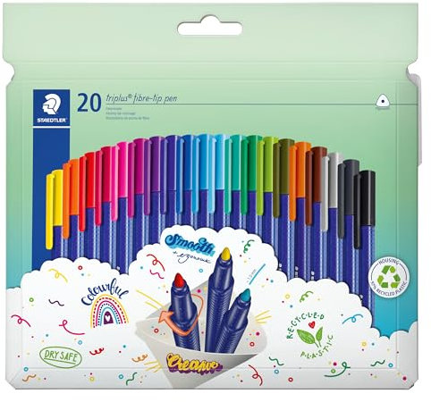 STAEDTLER triplus color Filzstifte 323, dreikant, stabile, eindrucksichere Spitze, ca. 1 mm, aus 97% Rezyklat, Made in Germany, Set mit 20 brillanten Fasermaler im Kartonetui, 323 C20