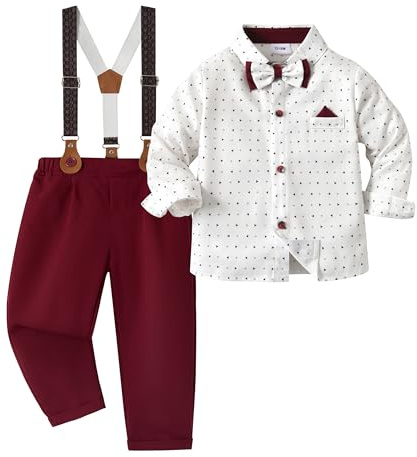 Volunboy Conjunto de Boda Trajes para Bebé Niños, Algodon Camisa con Pajarita + Tirantes Pantalones 4 Piezas Ropa(12-18 meses,Impreso Rojo,Tamaño 80)