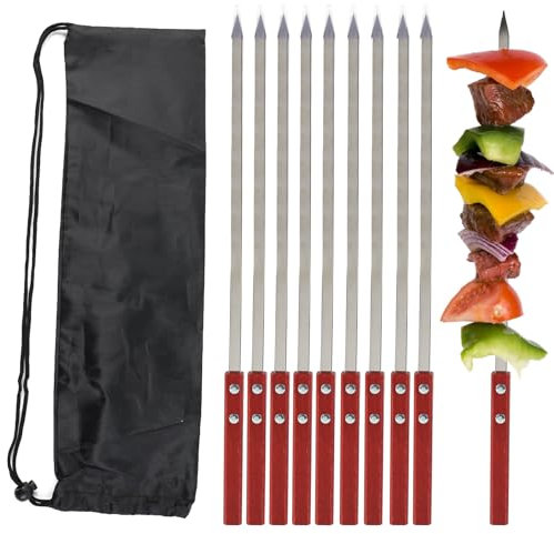 Jadin 10 Pièces Brochettes pour Barbecue Inox, Brochettes Barbecue Plates 42cm, Kebab avec Manche en Bois, Brochette Barbecue Réutilisable et Résistante à la Chaleur, Accessoires Barbecue avec Sac