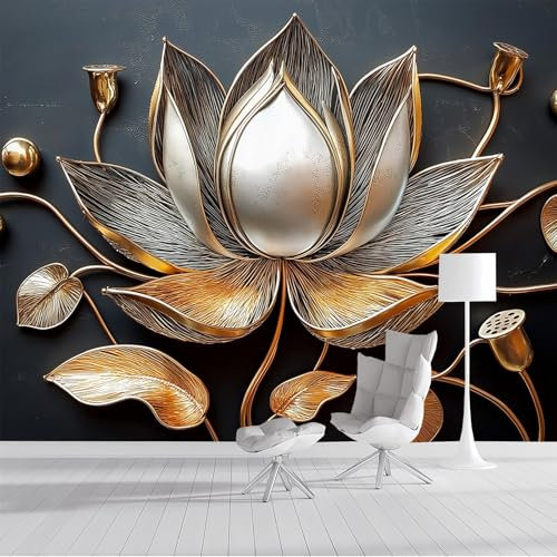Papel Pintado Hojas de loto de metal,400 x 280 cm（anchura x altura Papel para Muebles alambre de cobre Papel Pared Murales Decorativos Pared Papel Tapiz Impermeable para Cocina Baño
