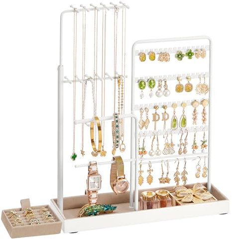 SONGMICS Jewellery Display Stand, Jewellery Storage Organiser with Metal Frame, Velvet Tray, 30.9 to 47.5 cm Tall Height Adjustable Necklace Holder, Matte White JJS026W01