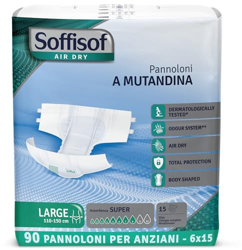 Soffisof Air Dry Windeln für Erwachsene Super L - 90x Inkontinenz Windelslip - 6 Packungen mit 15 Windelhosen, 8 Tropfen - Erwachsenen Windel