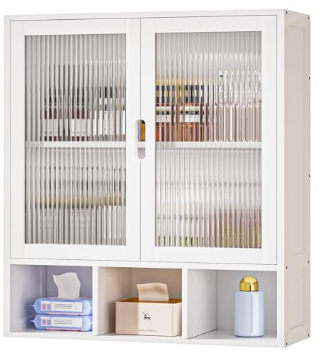 Yorbay Badezimmerschrank Hängend mit 2 Milchglastüren und Offenem Fach, Bambus Medizinschrank für Bad, Platzsparendes Wandschrank Küchenschrank, 22 x 59 x 66 cm (Weiß)