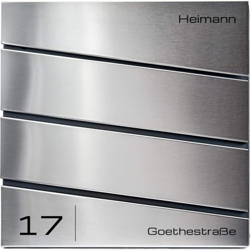 Verda Briefkasten mit Zeitungsfach, 2X Schlüssel, 37 x 37 x 11cm, personalisiert, UV-Farbe, Edelstahl, Designer Postkasten, Wetterfest, Wandbriefkasten Namensschild, Silber (3)
