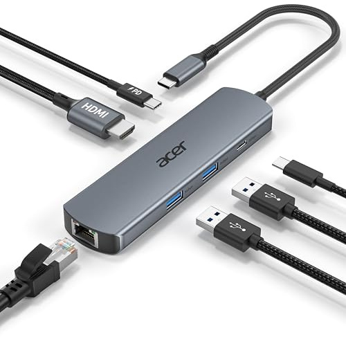acer Hub USB C con Ethernet 1000 Mbps, HDMI 4K@60Hz, 1 USB-C 5 Gbps, 2 USB-A 3.0, Type-C 100 W PD, docking station multiporta per iPhone 17/16, MacBook iPad Pro/Air, Mac mini M4, Galaxy S24 ecc.