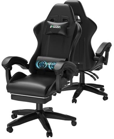 Bigzzia Silla Gaming, Sillas Gaming con Masaje y Reposapiés (Negro) | Para Videojuegos, Cojín Lumbar Con Masajes, ErgonóMica, CóModa, Relajante, Oficina, Dormitorio, Residencia De Estudiantes