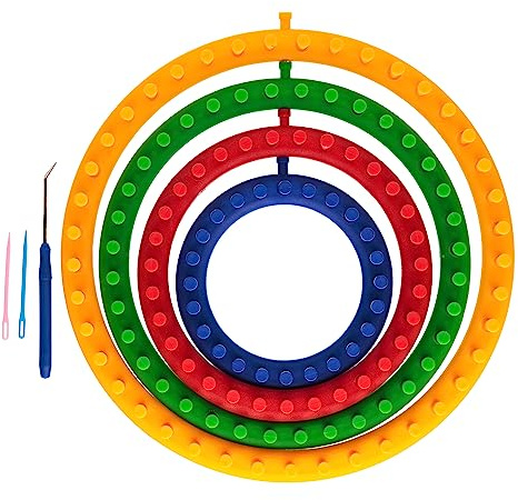 The Quilted Bear Juego de telares redondos para tejer, juego de telar rápido de plástico de cuatro tamaños diferentes para tejer sombreros, bufandas y mucho más