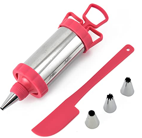 Jeringa para Decorar Boquillas Manga Pistola para Decoración de Tartas y Galletas Jeringa de Adorno para Pastelería con 4 Acero Inoxidable Boquillas para Hacer Utensilios para Decorar Pasteles ,Rojo
