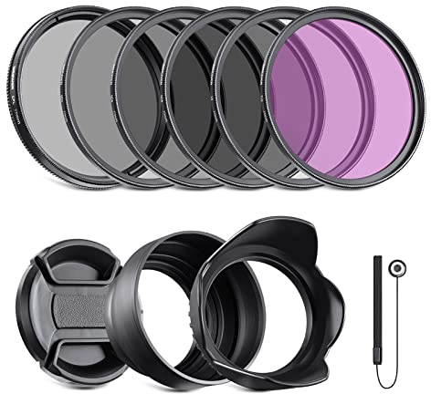 NEEWER 77mm Pack de filtros ND y Accesorios de Lentes, Kit de filtros ND2 ND4 ND8 UV FLD CPL (polarizador Circular) con Tapa de Lente