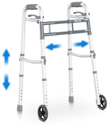 Delog Narrow Folding Walker for Seniors with Trigger Release and 5 Inches Wheels, Lightweight Supports Up to 350 lbs, Aluminum Folding Walker for Elderly, Handicapped and Disabled