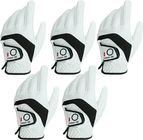 FINGER TEN Golf Gloves Men Value 5 Pack for Left Right Hand, Comfortable Soft & All Weather Grip Mens Golf Glove, Sizes S M ML L XL XXL 3XL (White(Men Gloves), XX-Large(Worn On Left Hand))