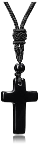 Jovivi Cross Crystal Necklace for Men Women Natural Black Obsidian Gemstone Healing Stone Cross Necklace Adjustable Rope Jewellery Christian Gifts For Women Men Christmas