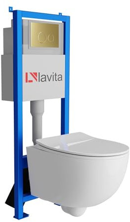 lavita LAV 101 Elemento de Pared para Inodoro 40 cm + Inodoro suspendido suspendido Brava Blanco sin Borde + Panel de Control LAV 200.4.5 Dorado | Conjunto Completo | Cisterna empotrada | Jueg