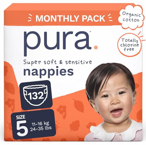 Pura Couches Écologiques Taille 5 (11-16kg) - Pack Mensuel de 132 Ultra Douces pour Peau Sensible - Coton Bio, 12 Heures de Protection