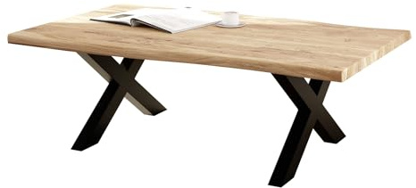 Liadomo Couchtisch 120x80 Boston Natur, mit Baumkante, Akazie Massivholz Tisch, 26mm Tischplatte lackiert, Robust & Pflegeleicht, Unikat, X-Gestell Metall schwarz