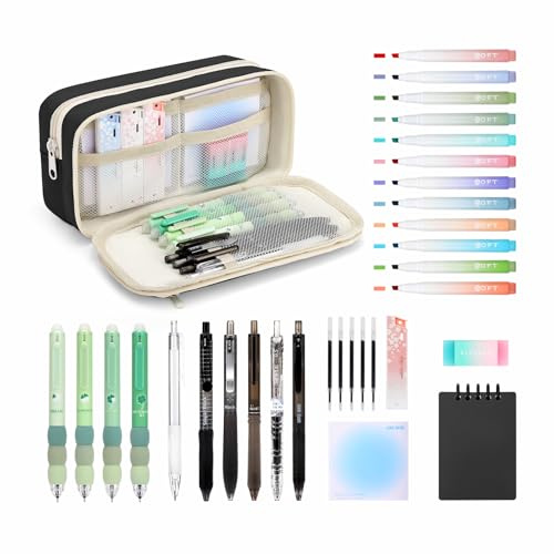 ESSALOO Pencil Case with Stationery Included, Pencil Case Set & School Stationary Supplies, School Stationery Set with 12 Highlighters, 5 Gel Pens & 4 Erasable Pens, Sticky Notes & A7 Notebook, Black