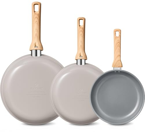 BLAZANT Juego de sartenes de inducción, sartenes de 20, 24 y 28 cm, sartén de cerámica con mango de baquelita, antiadherente, base de inducción molecular, apta para todo tipo de cocinas, sin PTFE, sin